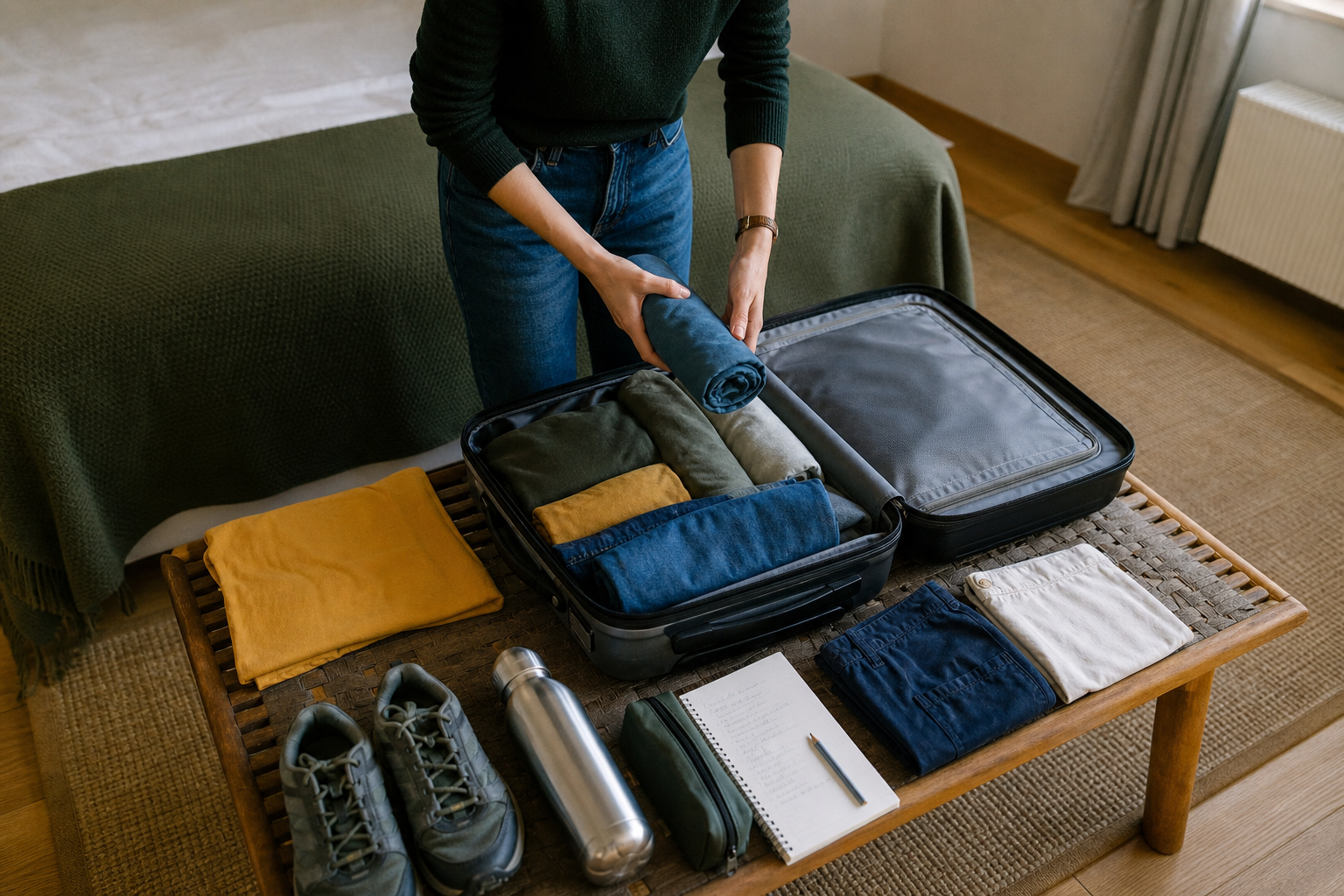 Geöffneter Koffer mit gerollter Kleidung, Schuhen, Trinkflasche und einer kleinen Packliste auf einer Holzbank